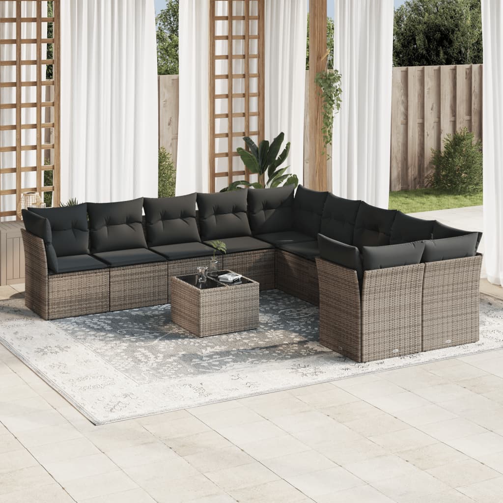11 pc Outdoor Sofa Set with Cushions Grey Poly Rattan