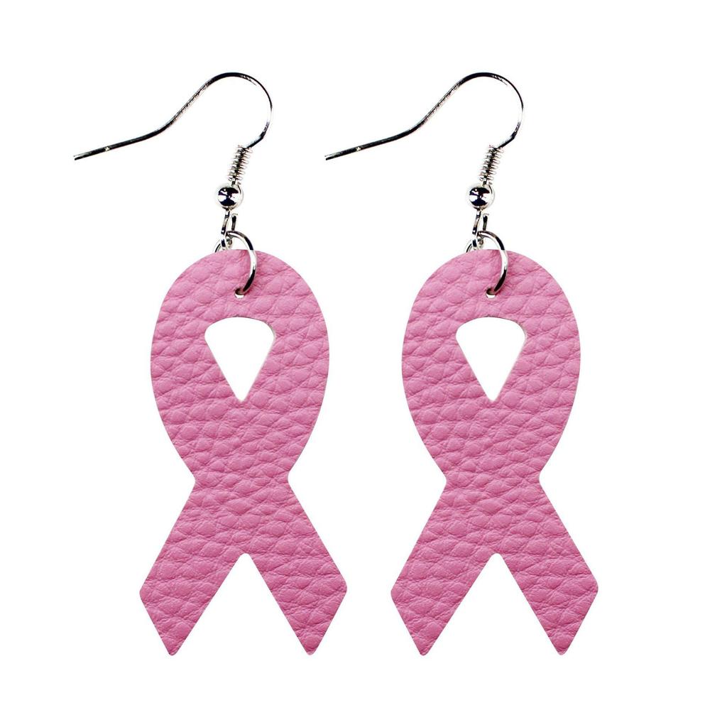 Women's Pink Ribbon PU Leather Earrings for Breast Cancer Awareness