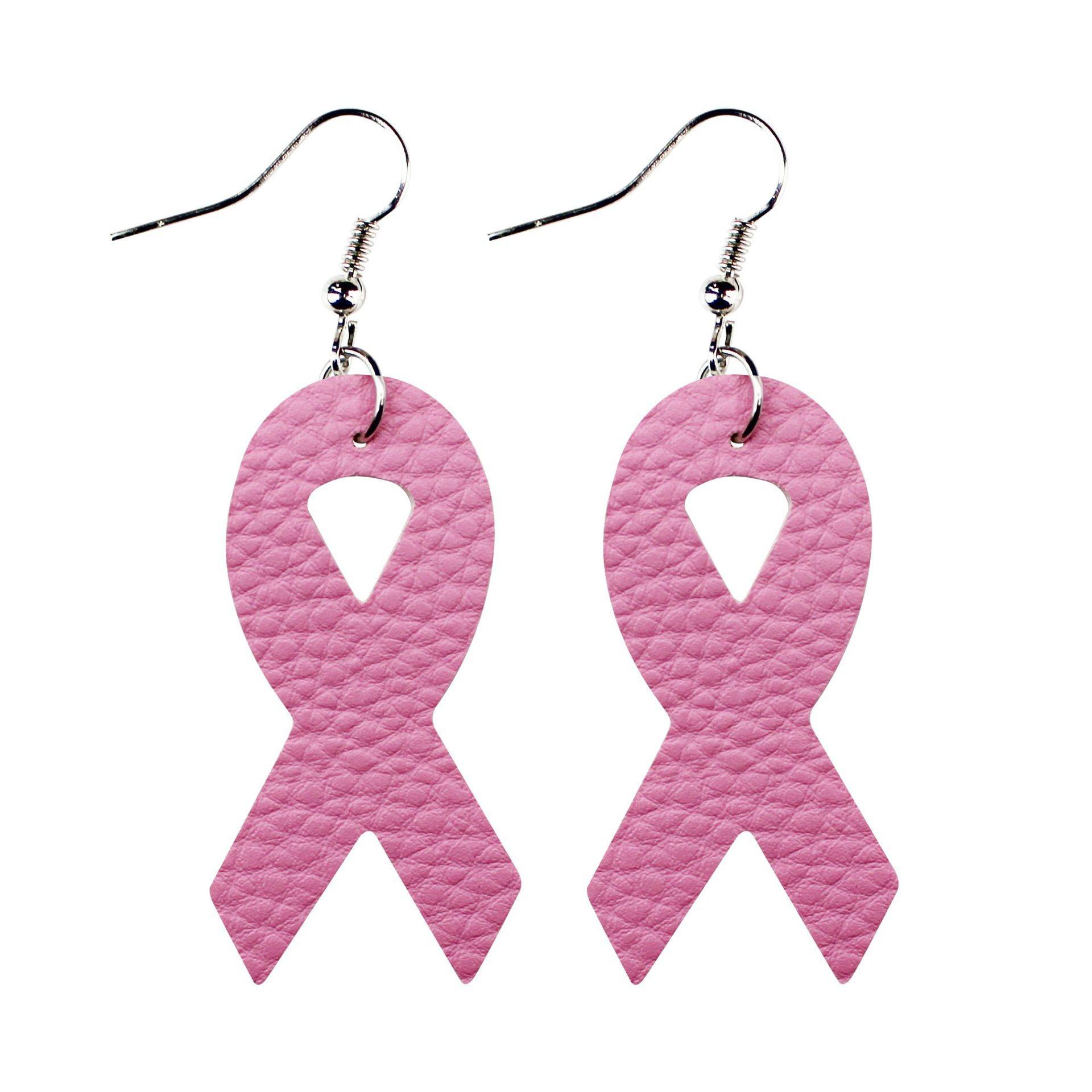 Women s Pink Ribbon PU Leather Earrings for Breast Cancer Awareness