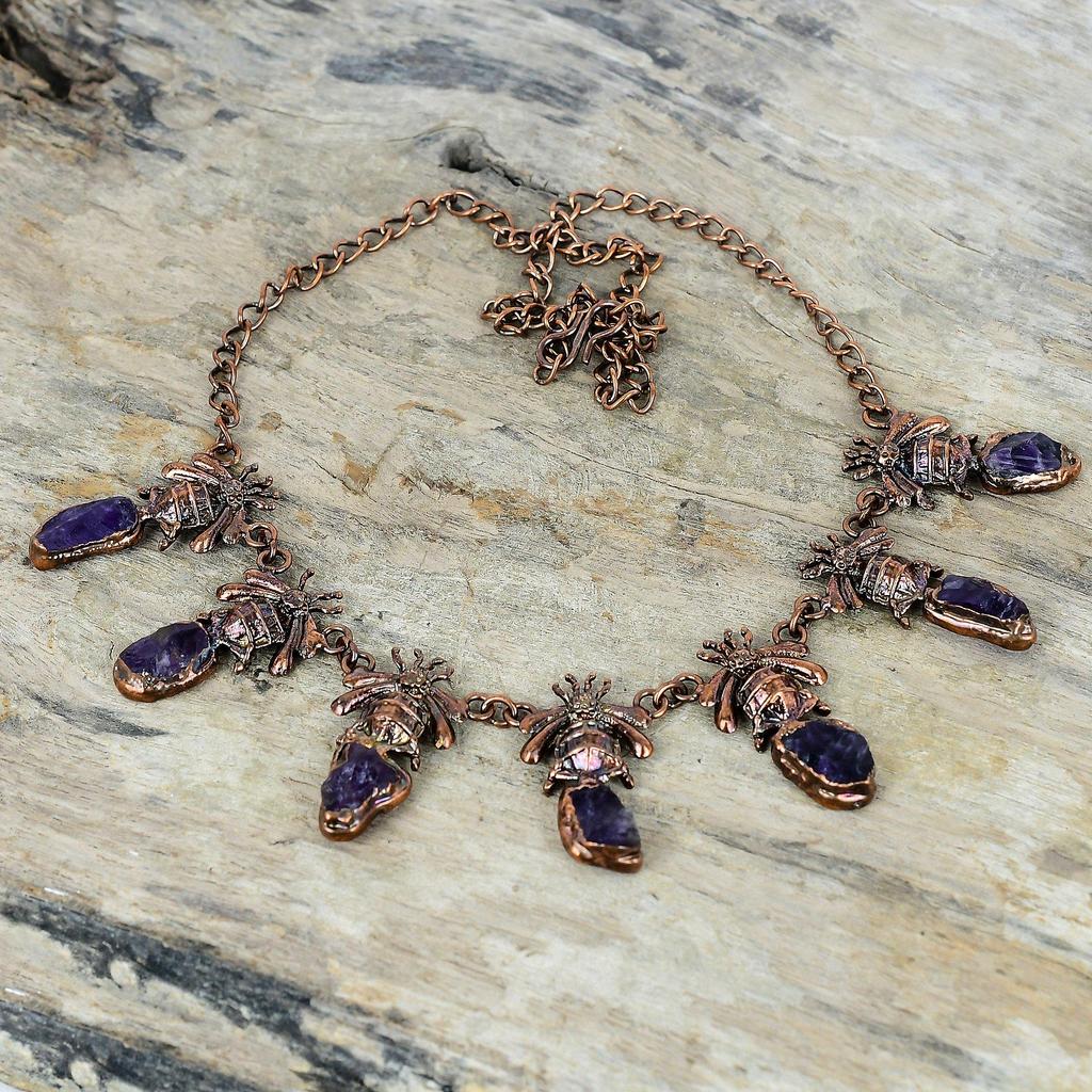 African amethyst rough necklace electroformed copper adjustable chain necklace honey bee necklace gemstone handmade jewelry gifts for women