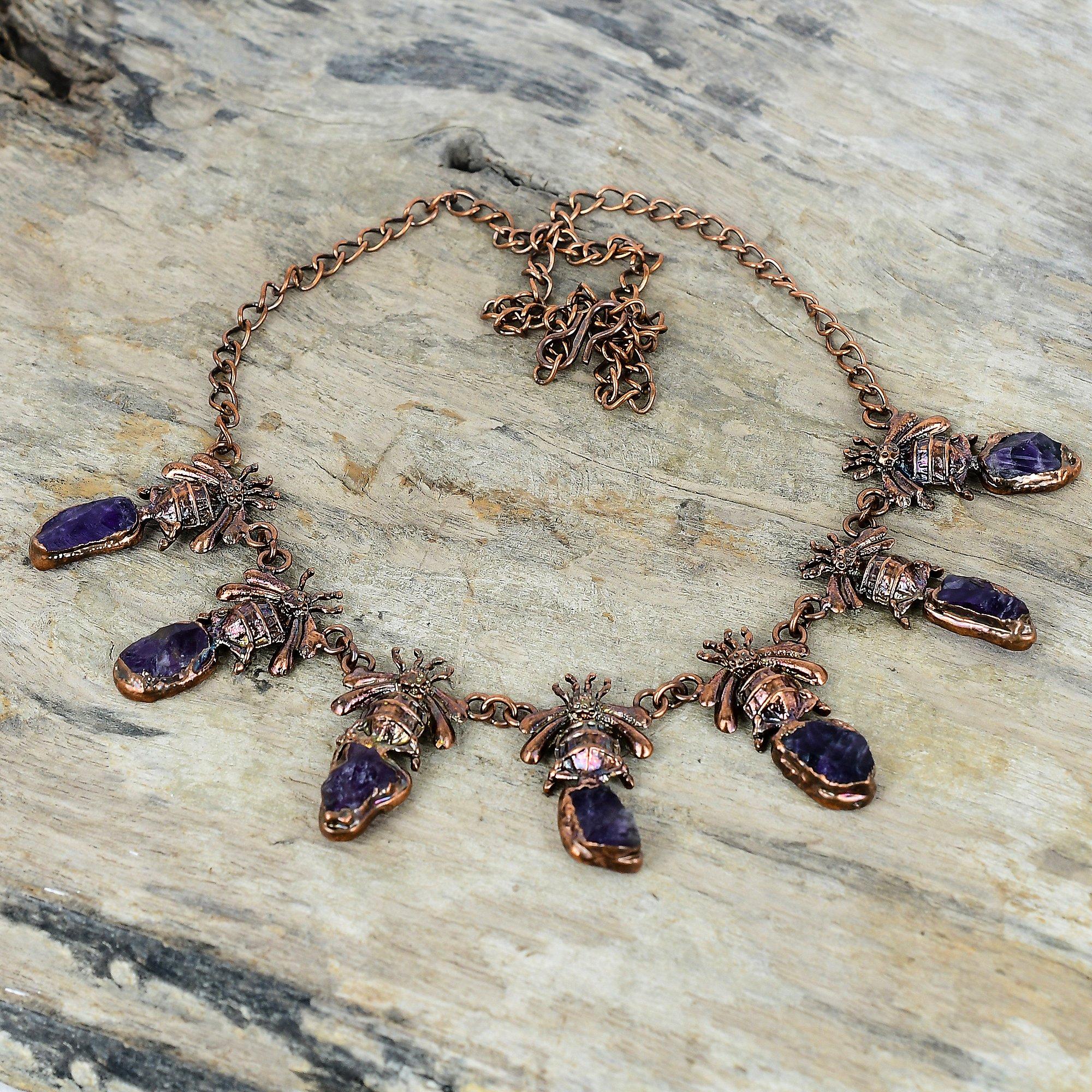 

African amethyst rough necklace electroformed copper adjustable chain necklace honey bee necklace gemstone handmade jewelry gifts for women Adjustable