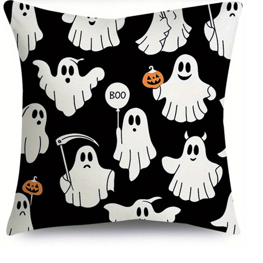 Black And White Spider Black Cat White Ghost Pumpkin Lantern Halloween Decoration Printed Cushion Cover Festive Home Decoration