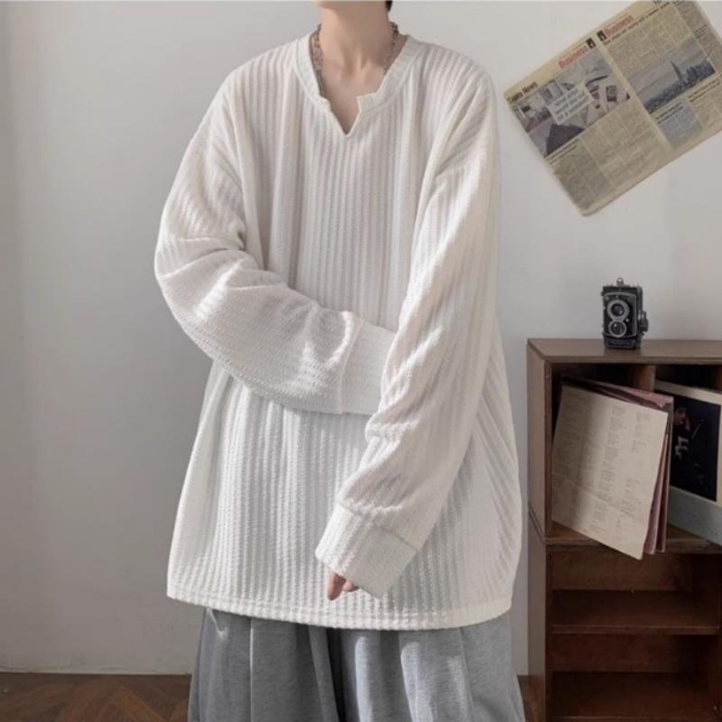 Spring Autumn V-neck Solid Color Casual Fashion Pullover Tee Male Long Sleeve All-match Bottomed T-shirt Top Men