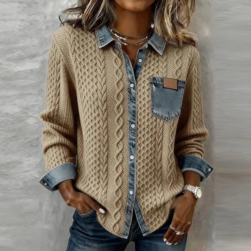 Woman Fashion Patchwork Knitted Sweater Autumn Turn-down Collar Button Top Cardigan Winter Long Sleeve Knitwear Shirt Outerwears