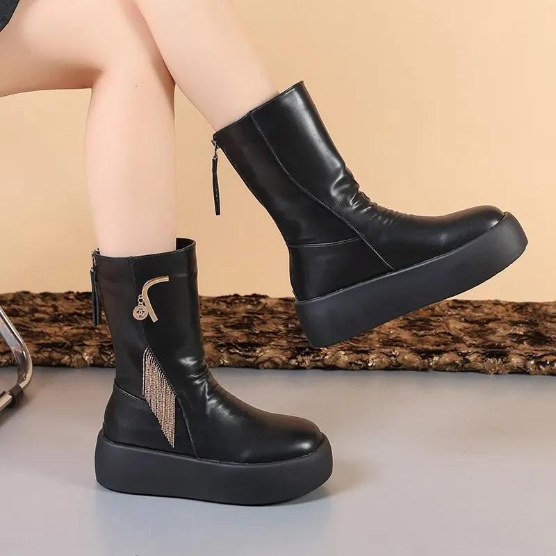 Fashion Ladies Shoes 2024 High Quality Back Zip Women's Boots Fashion Metal Decoration Modern Boots Women Winter Tassel Mid-Calf Boots