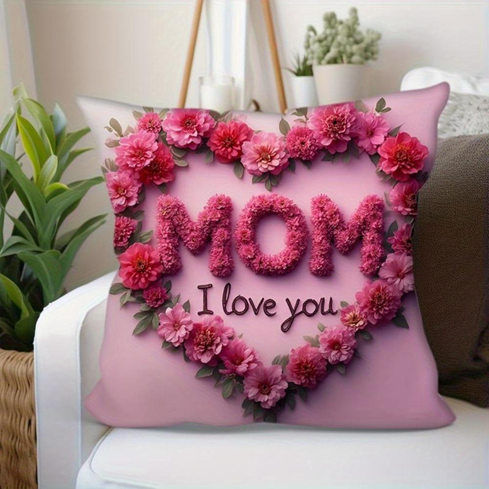 Mother'S Day Floral Heart Pillow Cover Mom I Love You Pattern Cushion Cover Decorative Soft For Sofa Bed Living Room Home Decor