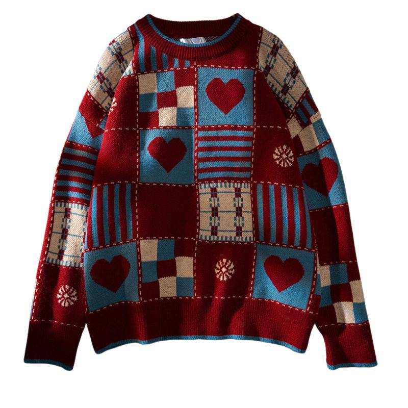 2026 Autumn And Winter New Trendy American Retro Plaid Love Ins Sweater Red Thickened Lazy Couple Sweater Loose Jacket For Men