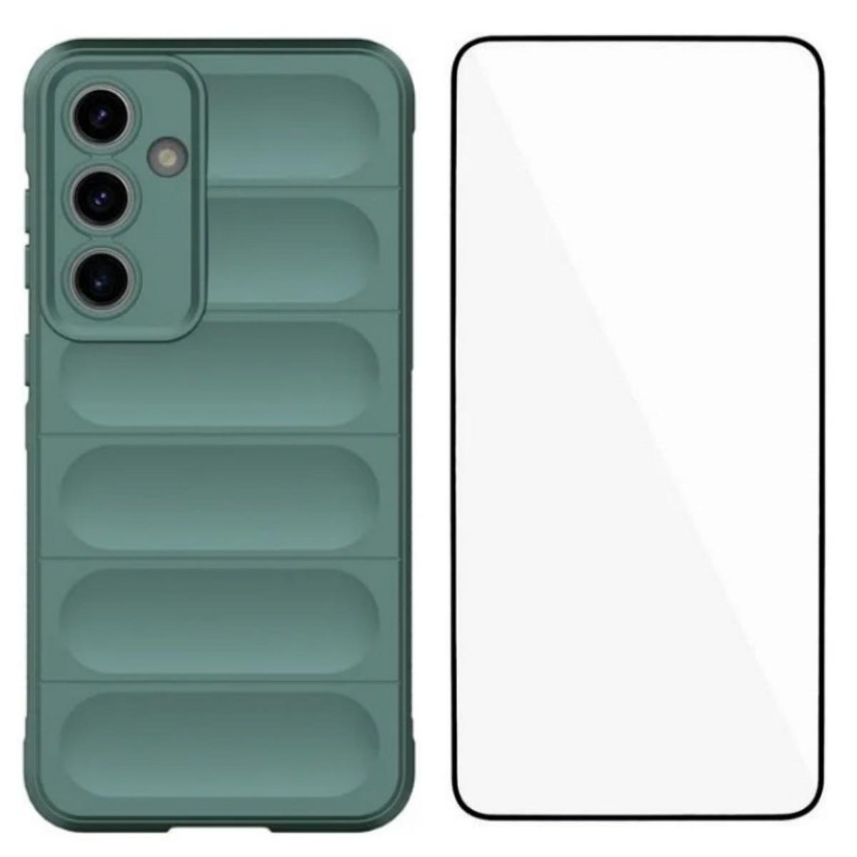 

For Samsung Galaxy S24 FE TPU Case WANLONFENG HD Series Anti Slip Phone Cover with Tempered Glass Army Green