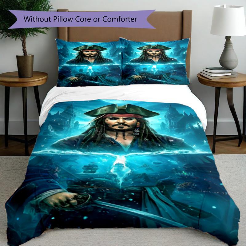 3pcs Duvet Cover Set (1*Duvet Cover + 2*Pillowcase, Without Core), Captain Jack Sparrow Print Bedding Set, Bedroom Decor, All‑Season, Gift