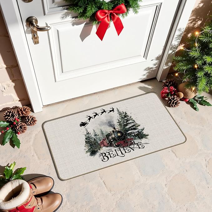 Christmas Carpet Mat Rug Beige Red Green Bow Pattern with Merry Christmas Text Home Decoration Floor Mat Welcome Mat Door Mat