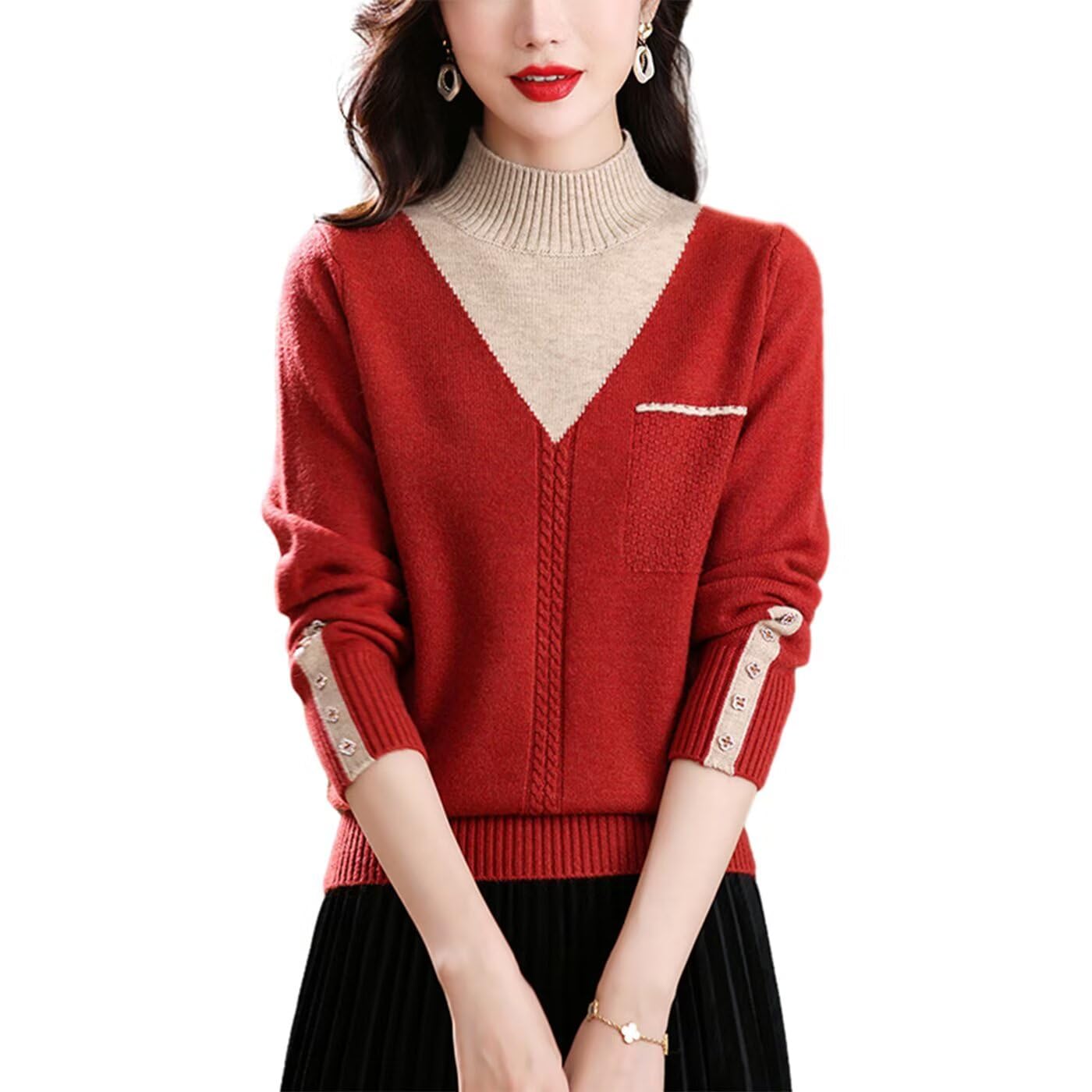 

YOTORISAKI Knit Long High High Winter Size Women s Sweater, Sleeve, Neck, Stretch, Soft, Casual, Spring, Autumn, (Red, M)