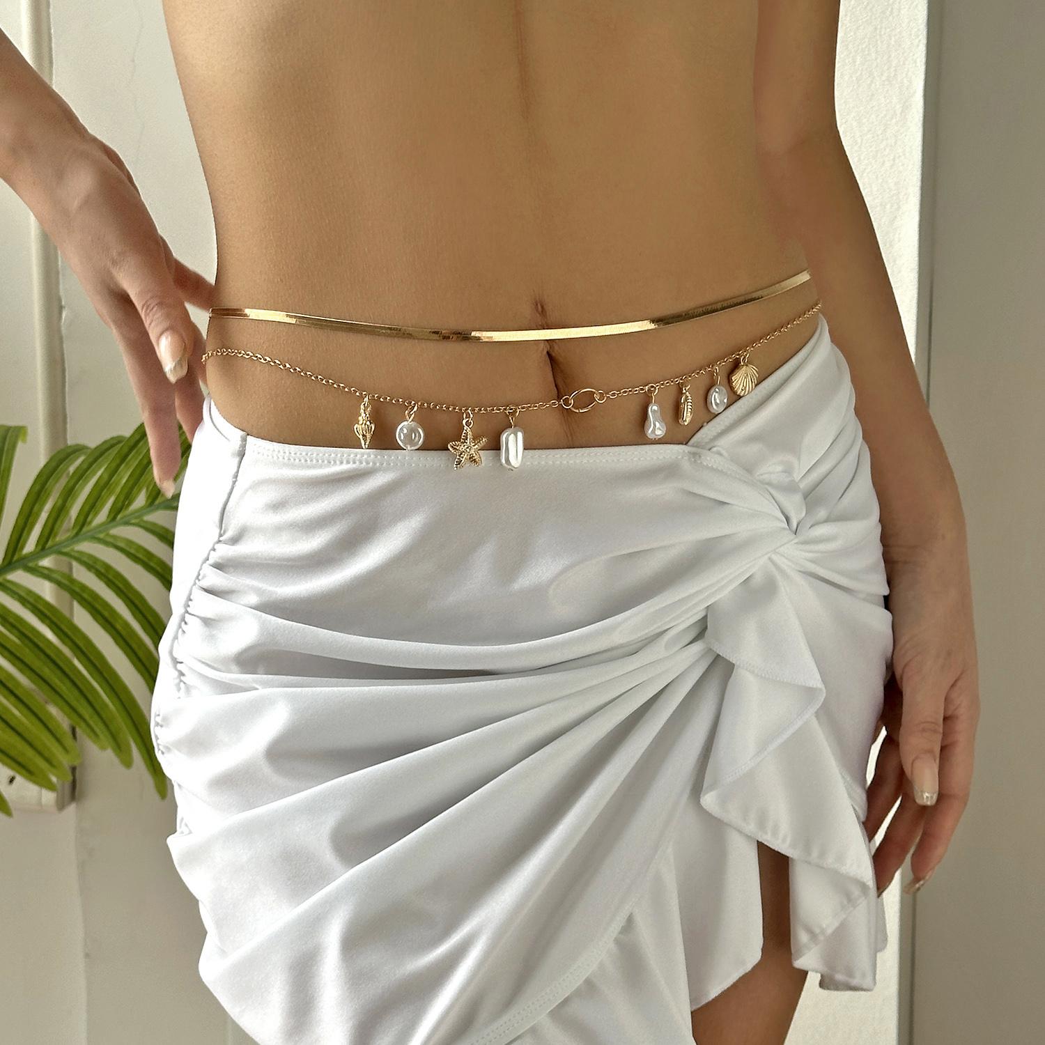 

2Pcs/Set Boho Imitation Pearl Starfish Conch Waist Chain for Women Classic Snake Bone Belly Chain Summer Beach Bikini Jewelry
