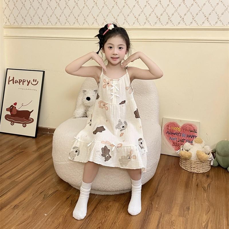 Girls Cotton Gauze Sleeveless Nightdress Loose Pajama Dress Kids 8 Years Cartoon Print