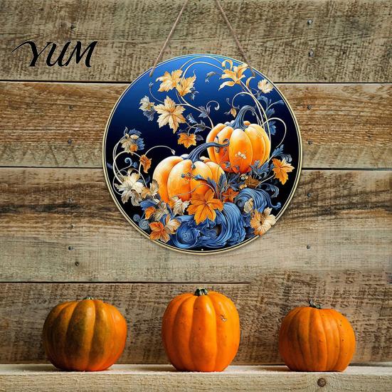 Autumn Theme Hanging Decoration Harvest Festival Welcome Sign for Front Door, Rustic Wooden Wheat Ear Ornament with Hemp Rope, Pumpkin Plaque