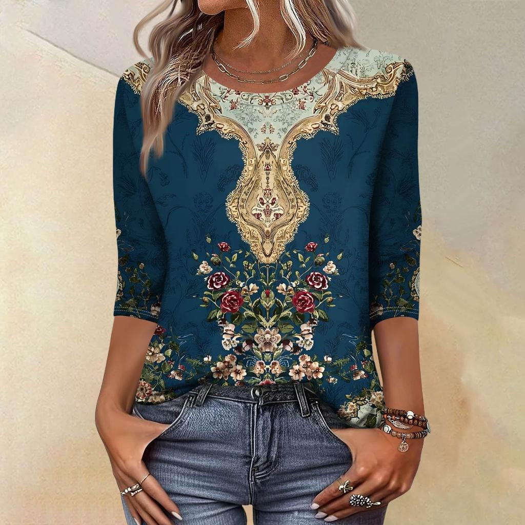 Top Trendy Vintage a 3/4 di manica per Donna, Maglietta Blusa Casual da Donna a Tre Quarti di Manica con Scollo Rotondo Stampata