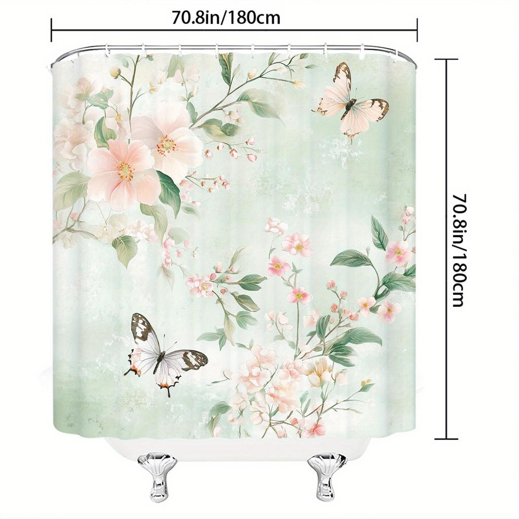 Delicate Flowers Bath Curtain - Dreamy Pink Blossoms & Butterflies, Digital Print, Polyester, 12 Hooks,  Bathroom Decor