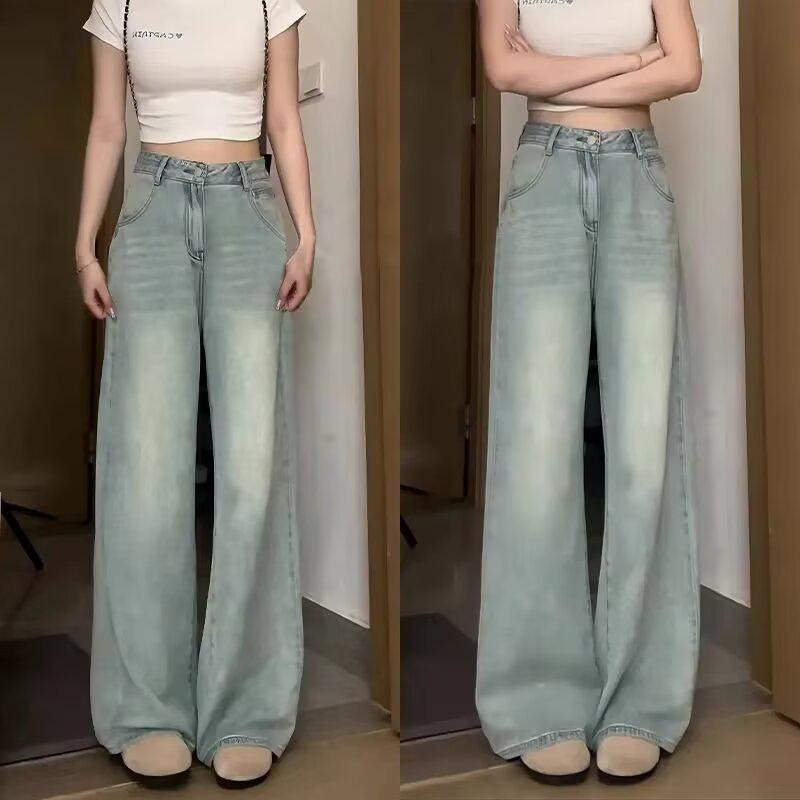 

Four Seasons High-Waisted Washed Denim Wide-Leg Pants - Women s Summer Thin Petite Pleated Floor-Length Straight-Leg Style. Large синий