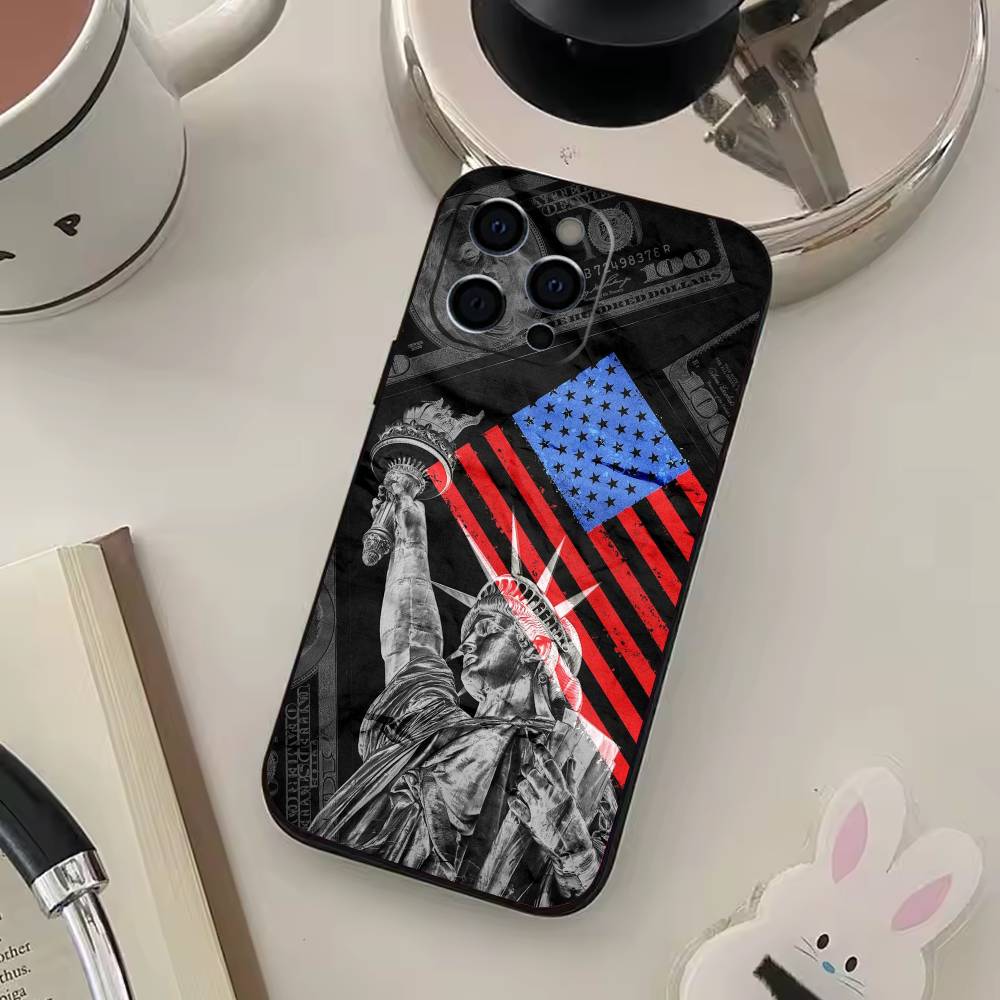 Statue Liberty America USA Flag Phone Case For iPhone 17,16,15,14,13,12,11 Plus,Pro Max,XS,Soft Black Cover