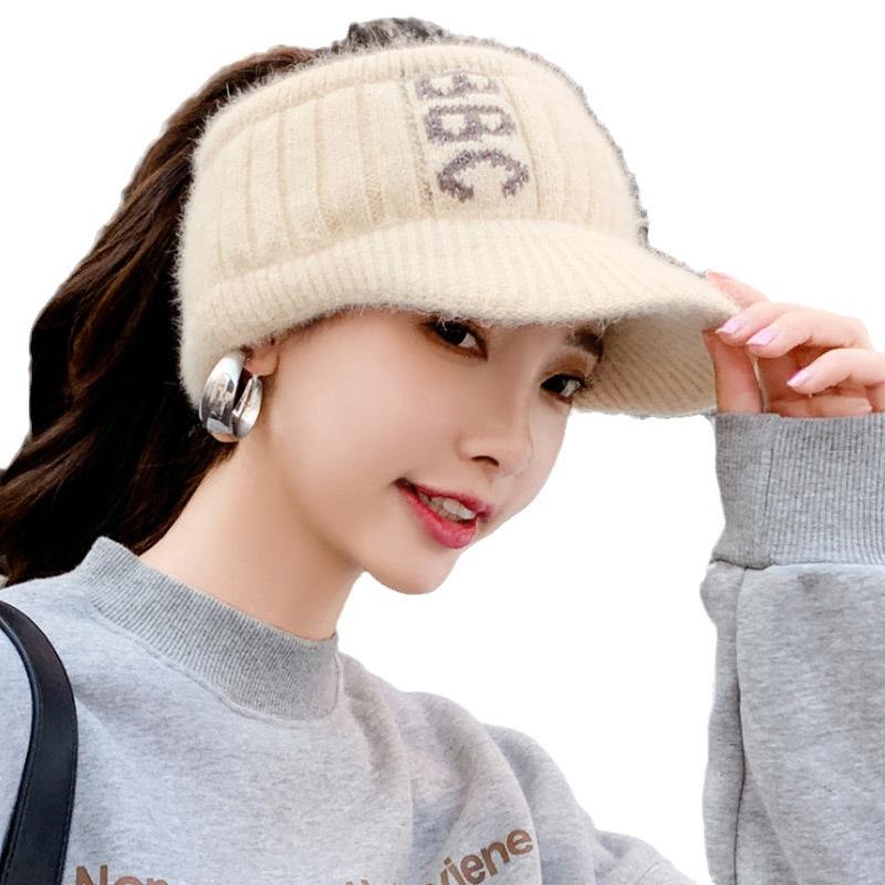 Tide Knitted Empty Top Hat Ladies Outdoor Duck Tongue Cycling Alphabet Wool Hat Rabbit Hair Blended Thermal Hat Winter