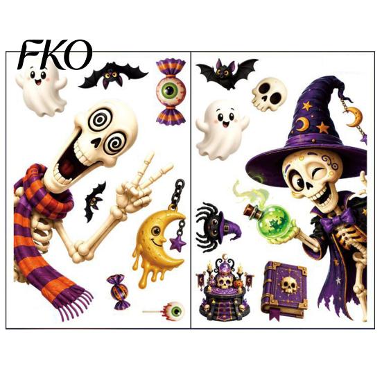 Indoor Outdoor Halloween Stickers 2 Sheets Window Clings, Cartoon Skeleton Static Stickers, Funny Classic Pattern Ghosts Bats Pumpkins for Glass Doors