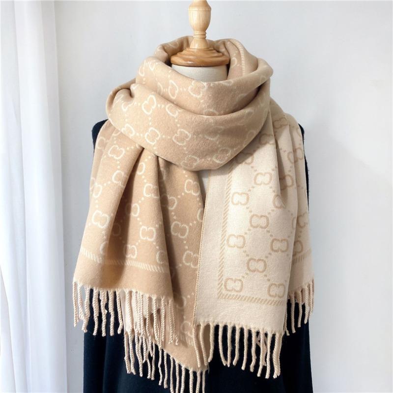 New letter fringed scarf, winter warm core-spun yarn scarf, thickened women's scarf, autumn and winter air conditioner shawl