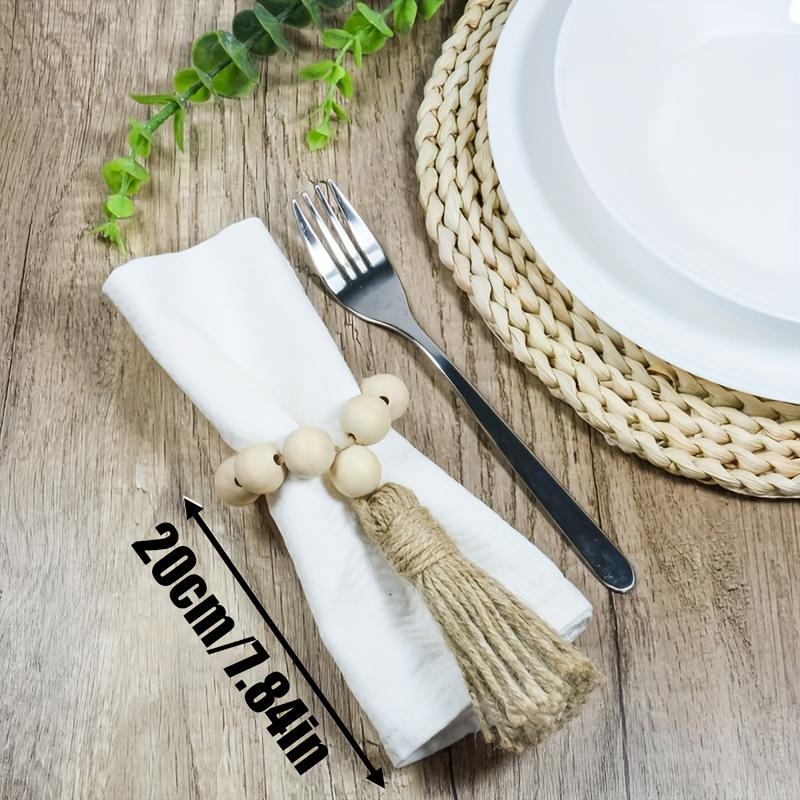 European American Pastoral Napkin Rings 6 Pcs Wood Bead Fringe Hand Woven Twine Napkin Buckle Set