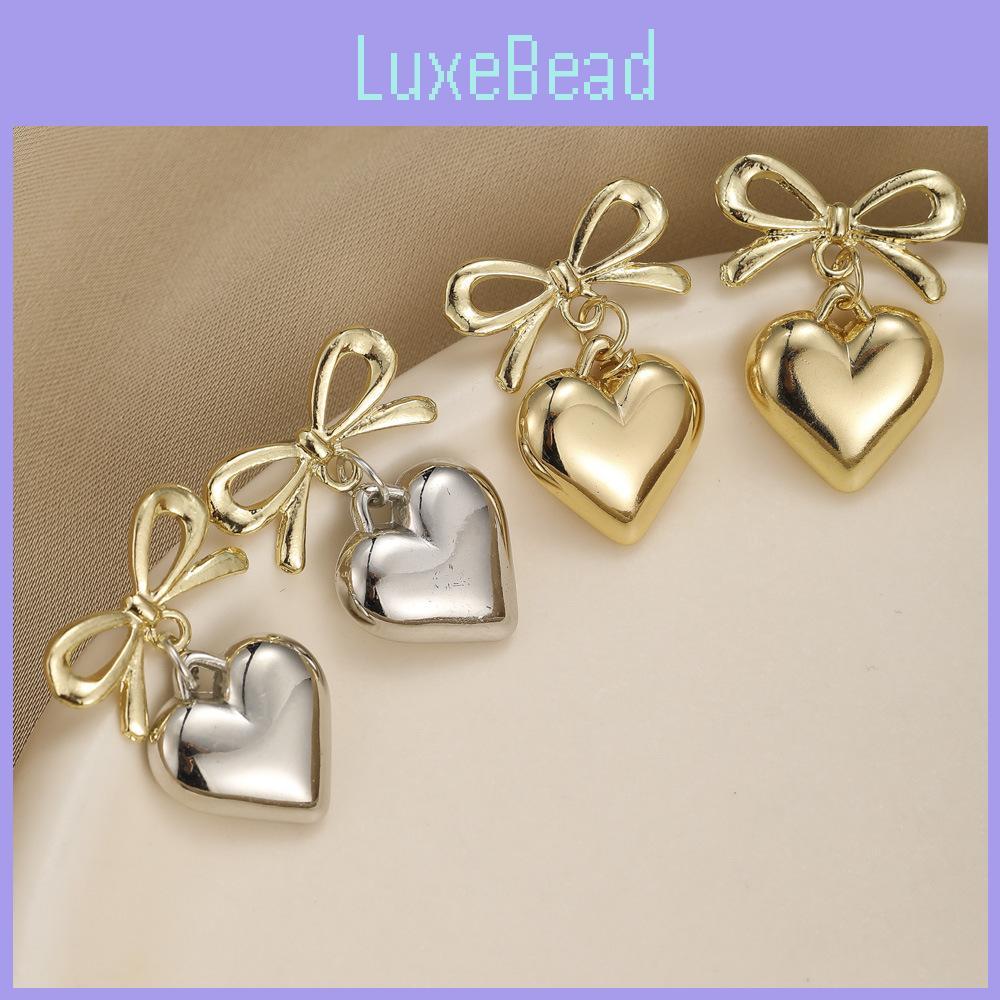 Elegant French Style Heart Pendant Earrings For Women With Alloy Bowknot Design