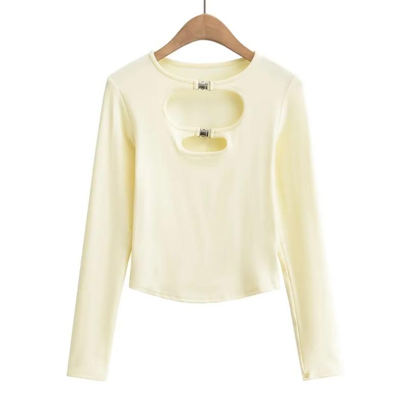 Spring Women's Hollow Round Neck Waist Tight Inner Long Sleeve T-shirt
