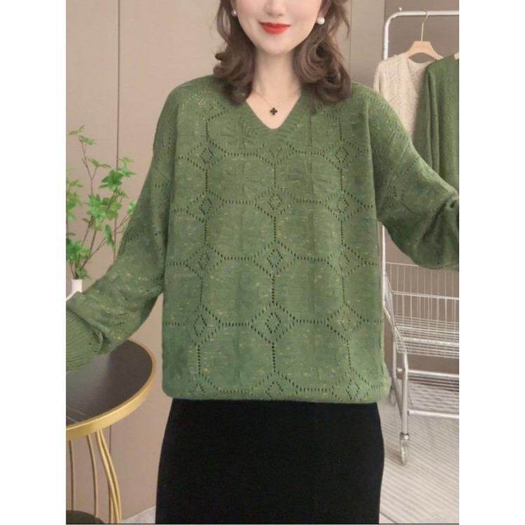 Women's Hollow V-neck Long Sleeve Knitted TopSpring Women's Fashionable and Versatile Style Small Shirt