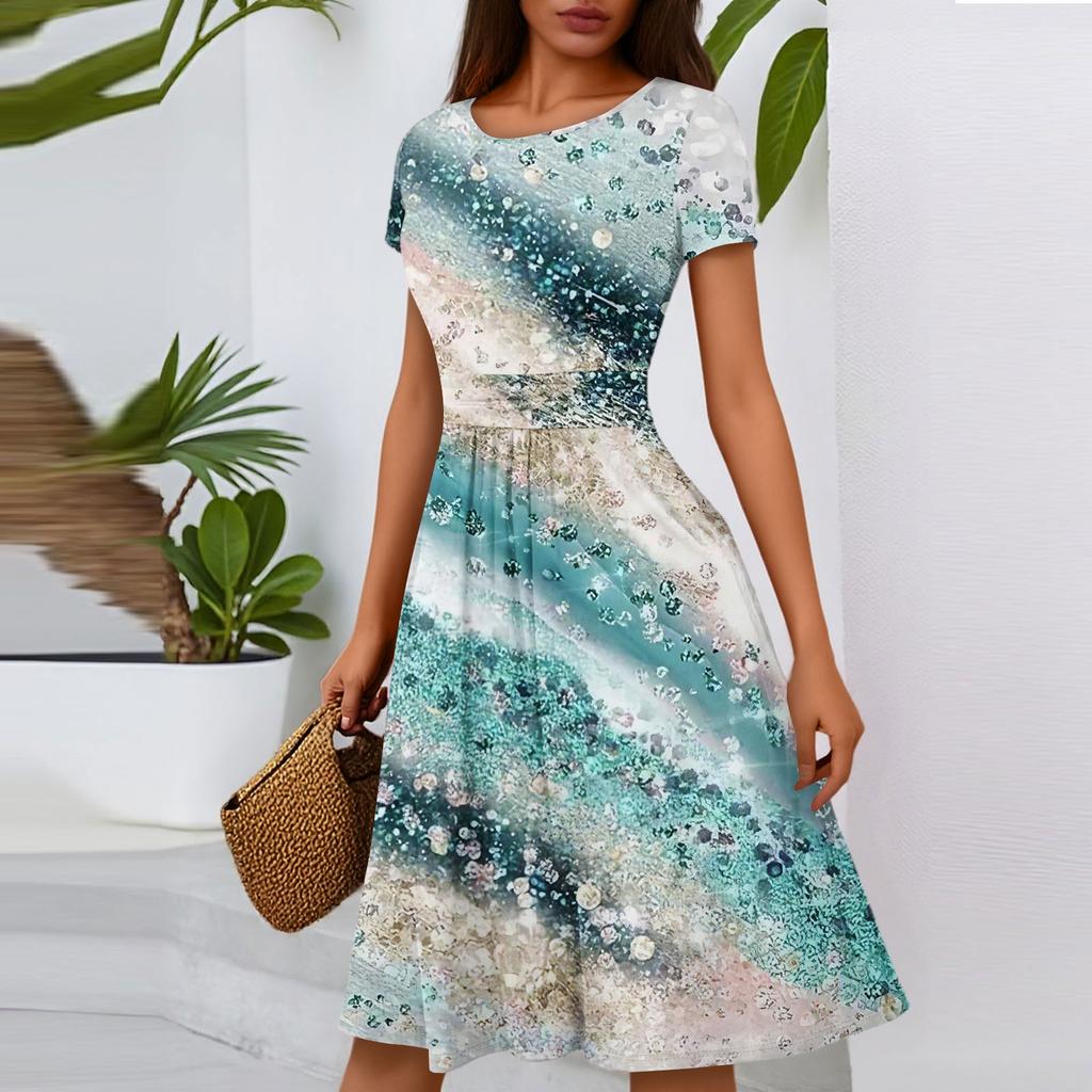 Women's Casual Fashion Round Neck Pleated Short Sleeve Floral Print A-Line Midi Dress