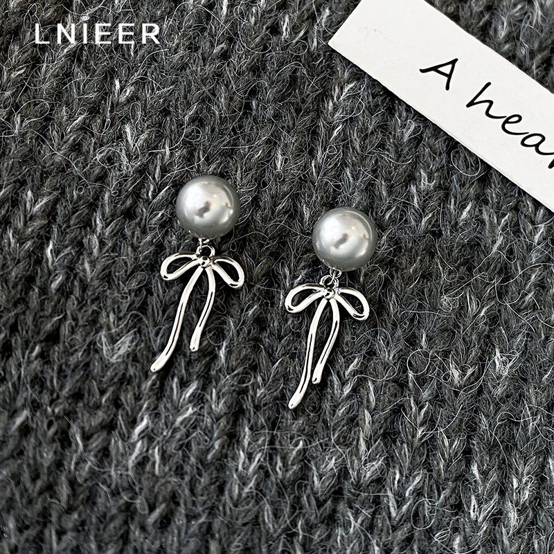 Elegant Gray Pearl Stud Earrings with Back Hanging Bow - Two-Way Wear, Sweet and Stylish Ins-Inspired Jewelry for Women