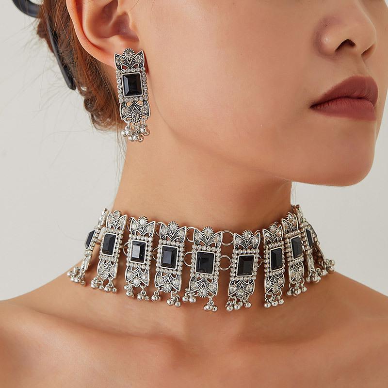 Modisches Retro Edelstein Geometrisches Halsketten- & Ohrring-Set