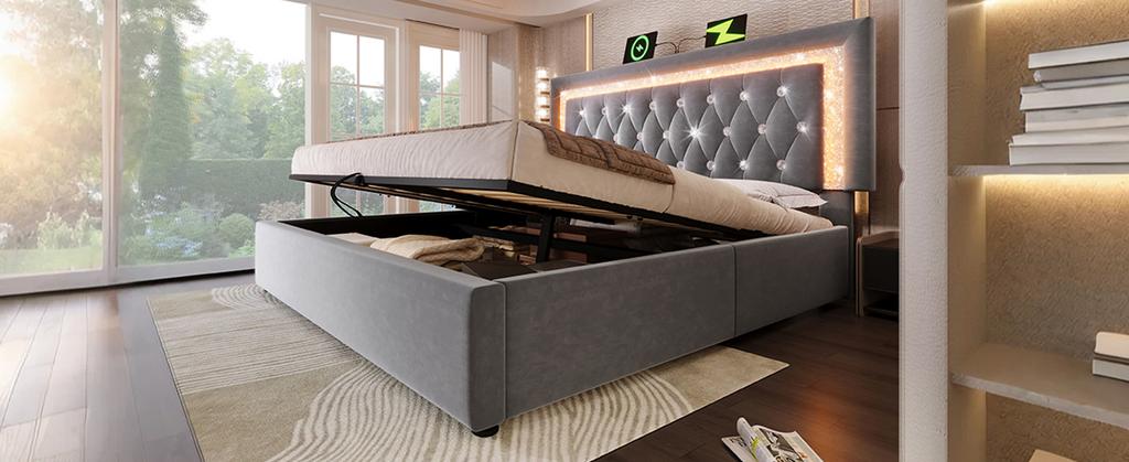 Polsterbett 180x200 cm Samt mit LED-Diamantstreifen, USB- & Typ-C-Ladestation, Stauraum, Lattenrost, grau (ohne Matratze)