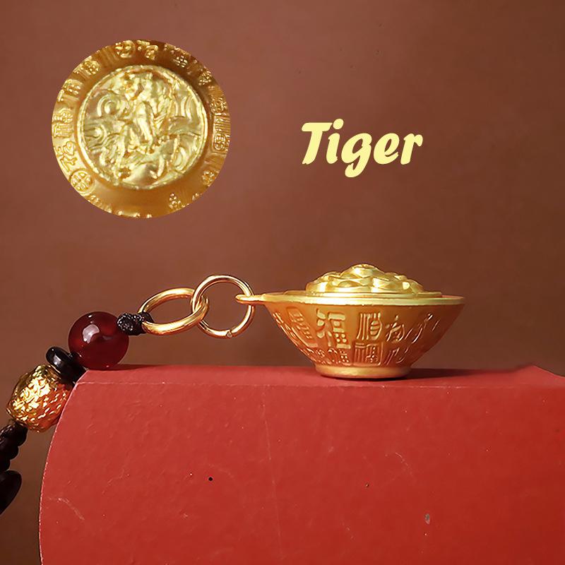 

Zodiac Animal Golden Rice Bowl Keychain Fortune-Attracting Rotating Stress Relief Keyring Bag Hanging Decor New Year Luck Gift A3