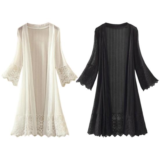 Summer Cardigan Mid Long See-through Lace Open Front Sheer Sun Protection Crochet Cardigan Beach Cover Up Streetwear