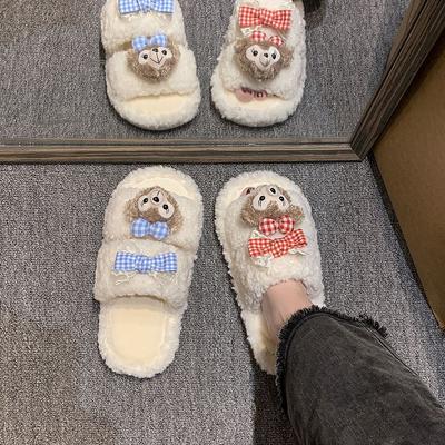Comfortable and Warm Fluffy Slippers Season Cartoon Cute One-word Women's Cotton Slippers