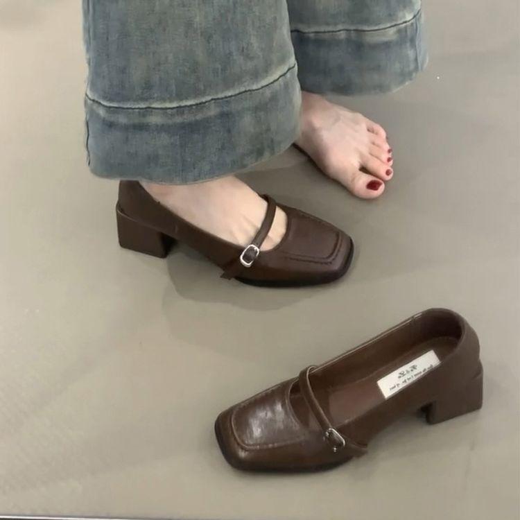 French Retro Black Small Leather Shoes Women's Autumn New Square Head Thick Heel Mary Jane Word with High Heel Temperament Single Shoes
