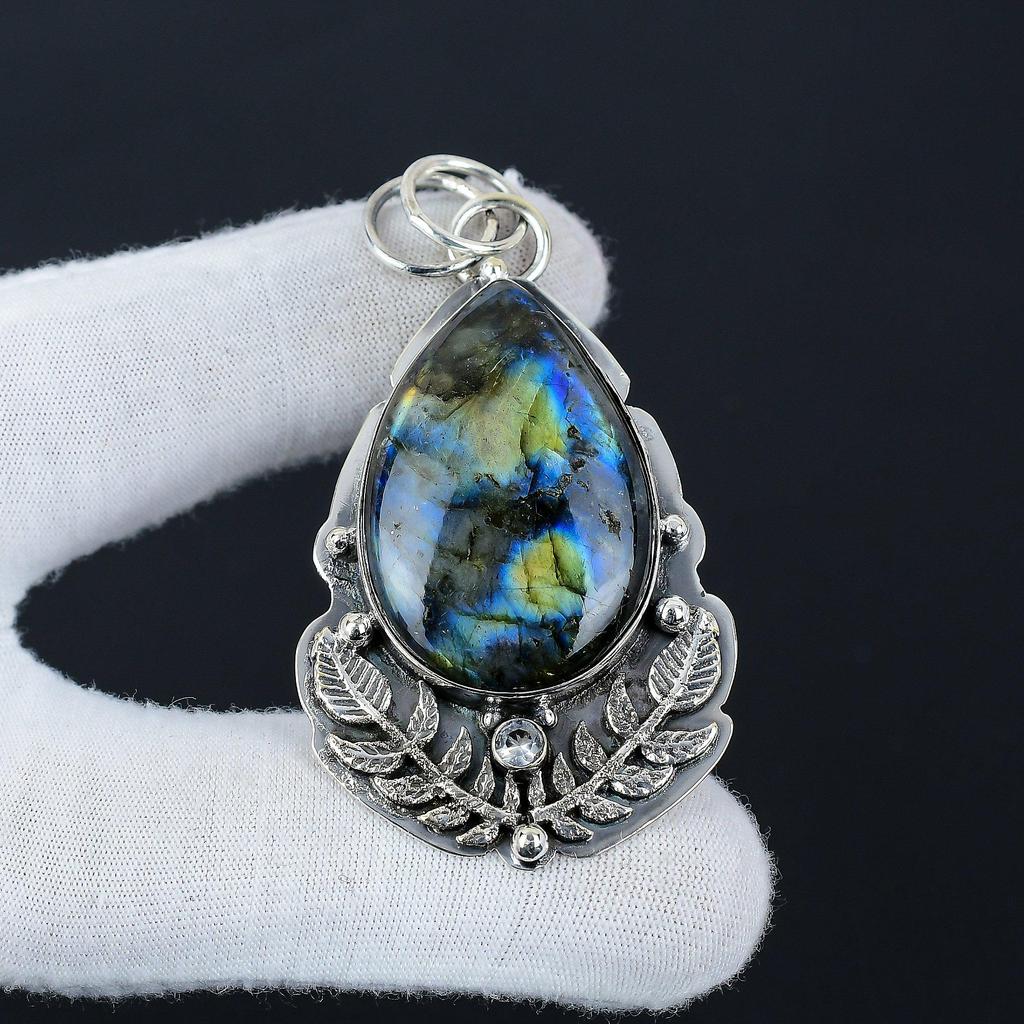 Natural Labradorite Gemstone Silver Pendant In 925 Sterling Silver- Handmade Design, Everyday Wear Jewelry, WHite Topaz Unique Pendant Gift