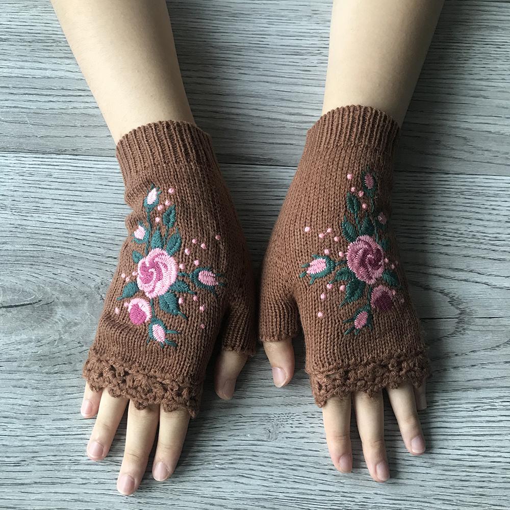 Handmade Flower Embroidered Gloves Women Fingerless Knit Gloves Autumn Winter Cold Proof Writing Gloves INS Embroidered with Bee