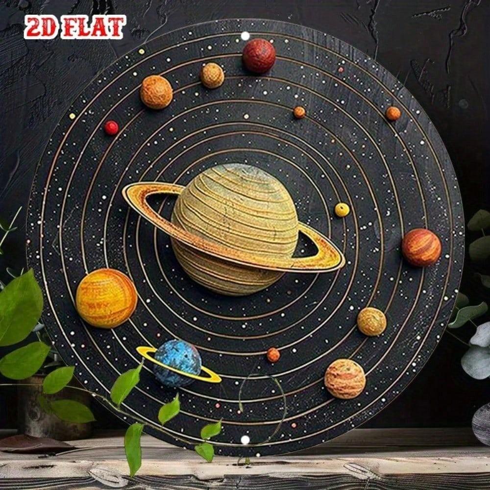 Cosmic Art Metal Round Wall Sign Solar System Planets Orbits 2D Flat Tin Decor 12 Inch