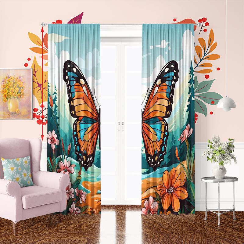 2PCS- Cartoon Butterfly - Printed curtain, 100% polyester material, suitable for bedroom curtains and living room decoration.