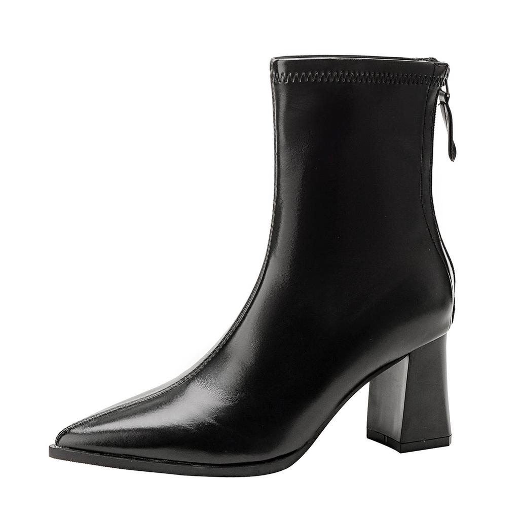 Winter 2025 Fashion: Women's Pointed Toe Chunky Heel Ankle Boots - Soft Leather, Comfy, Elastic Fit with Back Zipper
