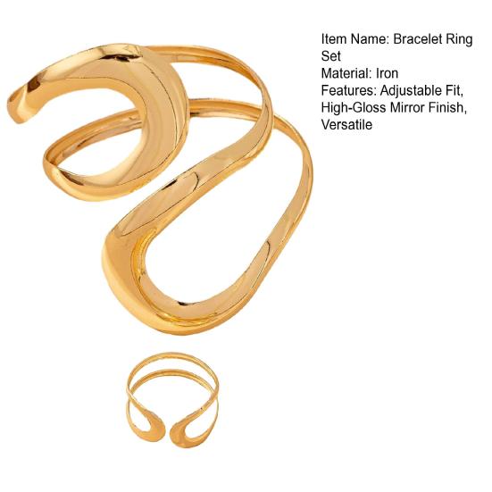 2Pcs/Set Bracelet Ring Set for Women, Adjustable Opening Design Bangle, High-Gloss Mirror Finish Ring, Irregular Geometric Shape Jewelry Set