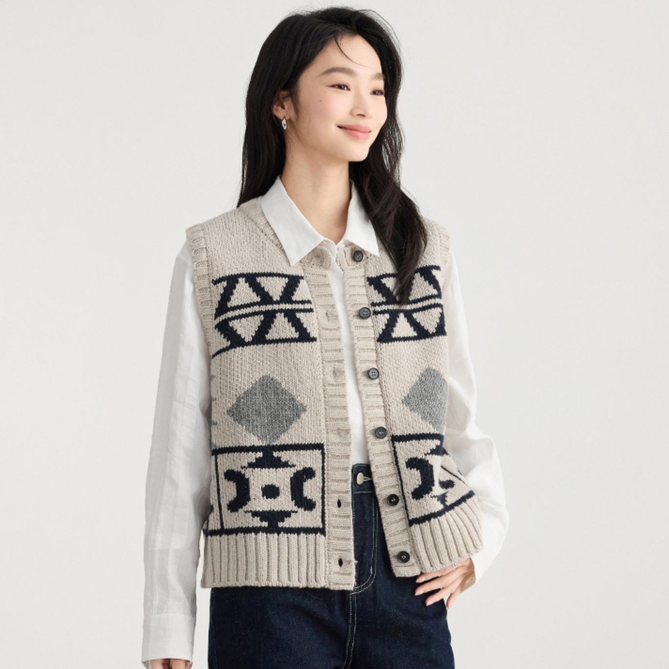 

DIMANAF 2025 Осень Женский Без рукавов Пуговицы Жилет Свитера Стиль Принт Вязаный Повседневный Свободный Короткий Свитер One Size серый