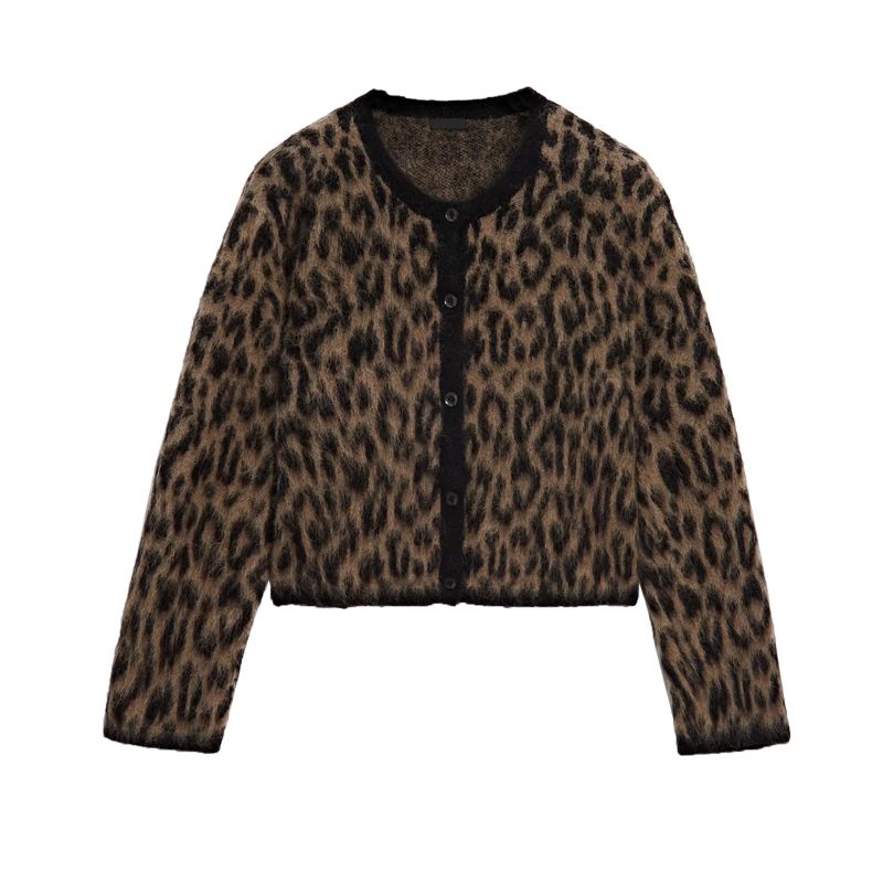 

Spring New Arrival Women s Clothing American Retro Brown Leopard Print Soft Glutinous round Neck Cardigan Short Coat 5708624 Brown L