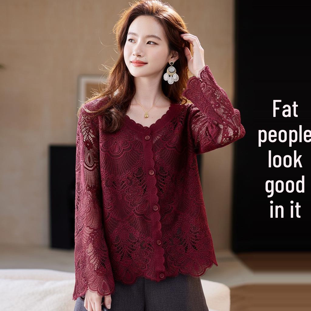 Autumn 2025 Korean Style Women s Hollow Lace Cardigan - Round Neck, Short, Versatile, Fashionable, Casual 4XL бордовый