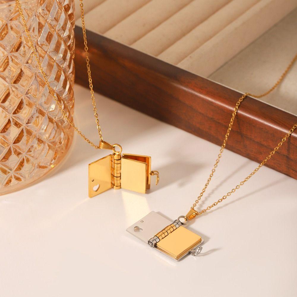 Heart Couple Book Necklace Titanium Steel Couple Text Locket Opening Book Pendant  Female Lady Girl