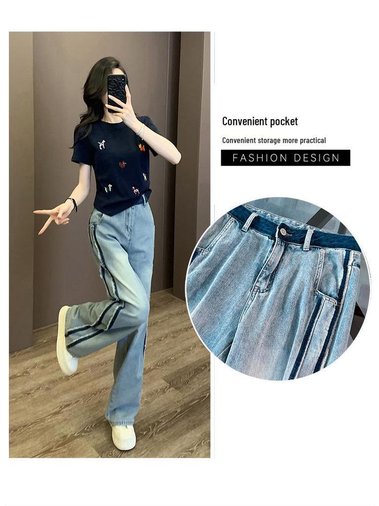 2026 Sommer Damen Trendiges Streetwear Set: Stilvolles Rundhals-Kurzarm-Oberteil & Weitbeinige Jeans