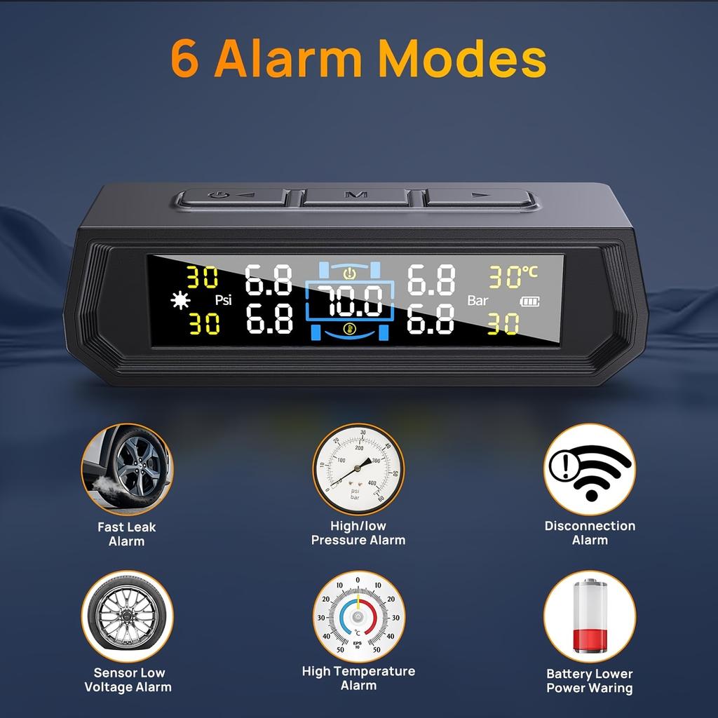 Car TPMS With USB Charging Solar Powered Display With 4 External Tire Sensor For Auto Tyre Security Device