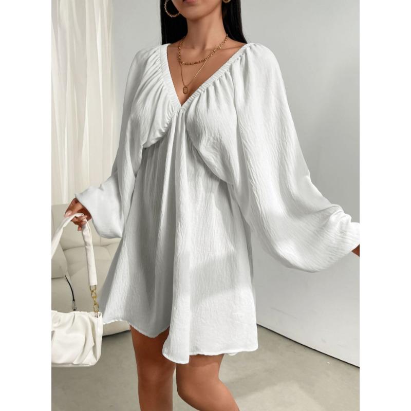 Elegant Fashion Deep V-neck Long Sleeved Women Dress Spring Summer Simple Casual Loose Sexy Solid Color A-line Party Dress Female Office Ladies